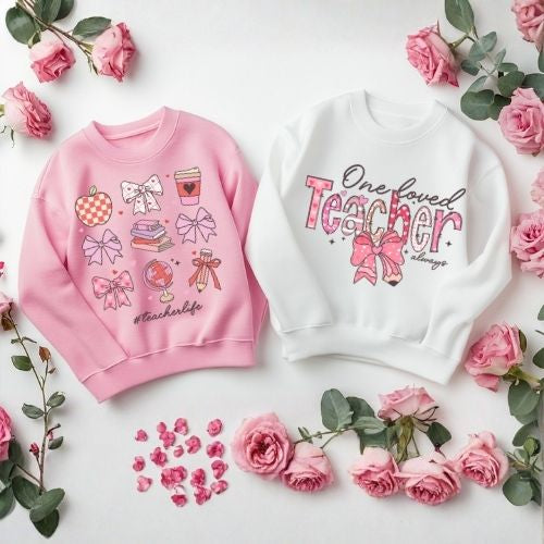 Two sweaters, one pink and one white, with teacher-themed designs on a floral background.