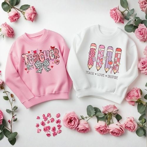 Two sweaters, one pink and one white, with teacher-themed designs on a floral background.